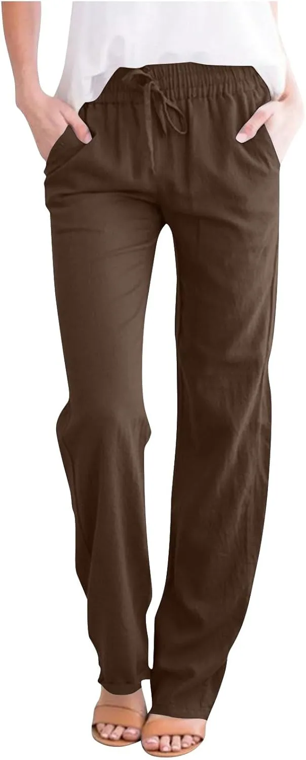 Summer Pants for Women 2025 Casual Drawstring High Waisted Linen Pants Beach Wide Leg Trousers with Pockets