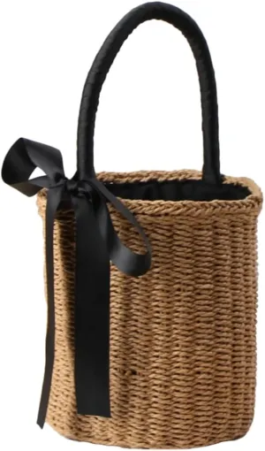 Summer Straw Bucket Bag for Beach Travel Womens Bowknot Woven Top Handle Handbag Fashionable Purse 2025