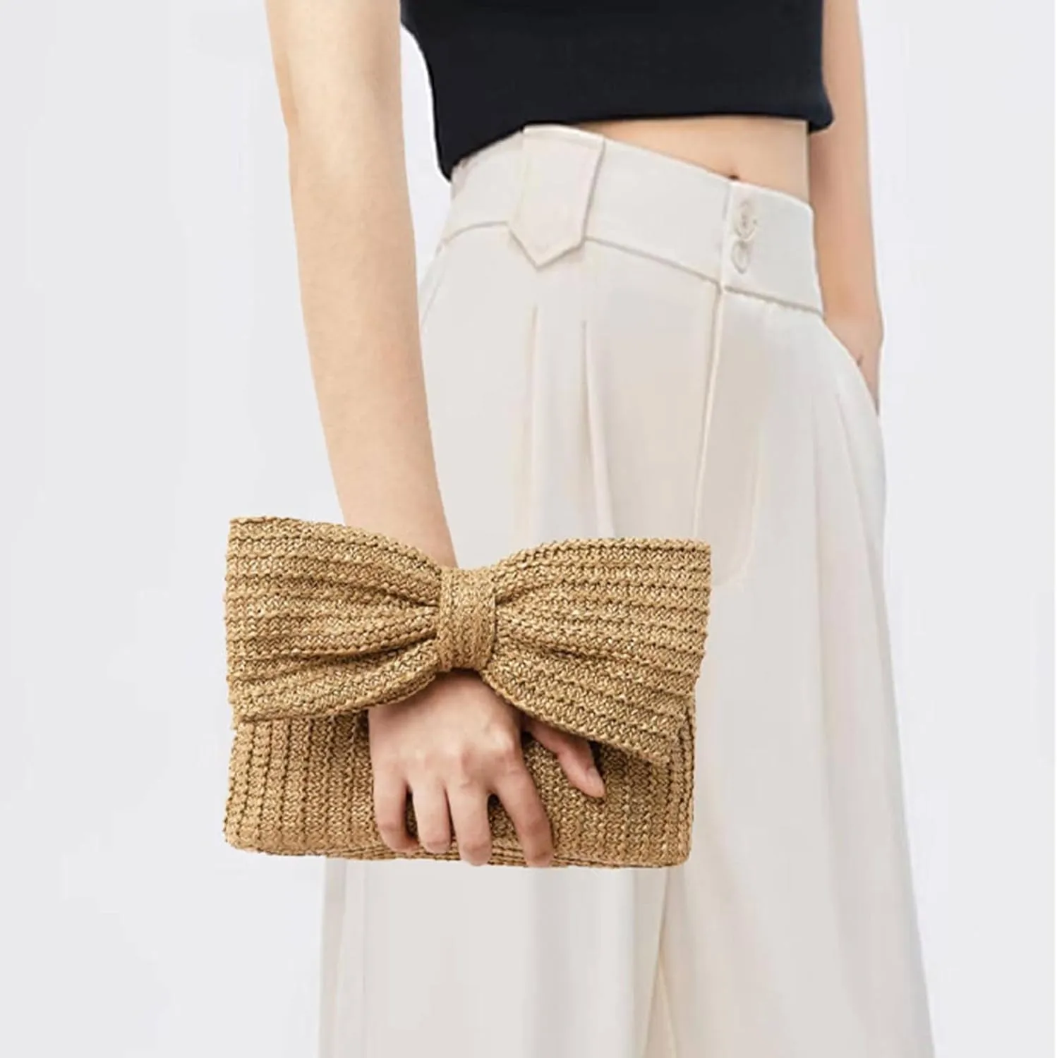 Summer Straw Clutch Purses for Women Handmade Woven Straw Handbags Bow Purse for Beach Vacation Wedding Party