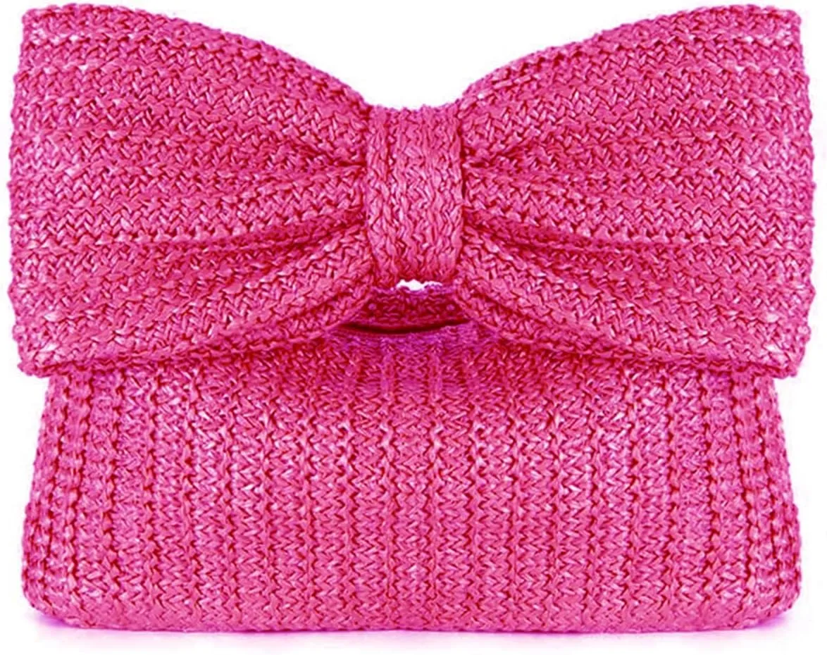 Summer Straw Clutch Purses for Women Handmade Woven Straw Handbags Bow Purse for Beach Vacation Wedding Party