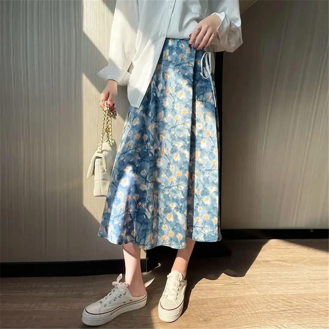 Summer Vintage Floral Print Women's Mid-Long Skirts Chiffon High Waist Loose Female Korean Fashion Skirt