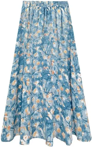 Summer Vintage Floral Print Women's Mid-Long Skirts Chiffon High Waist Loose Female Korean Fashion Skirt