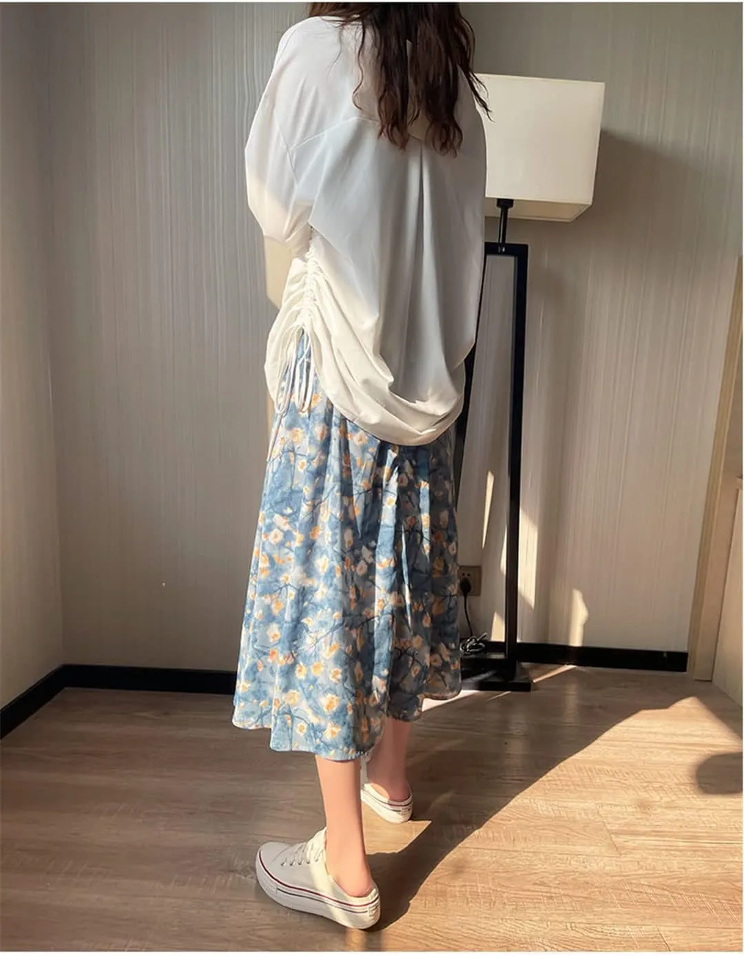 Summer Vintage Floral Print Women's Mid-Long Skirts Chiffon High Waist Loose Female Korean Fashion Skirt