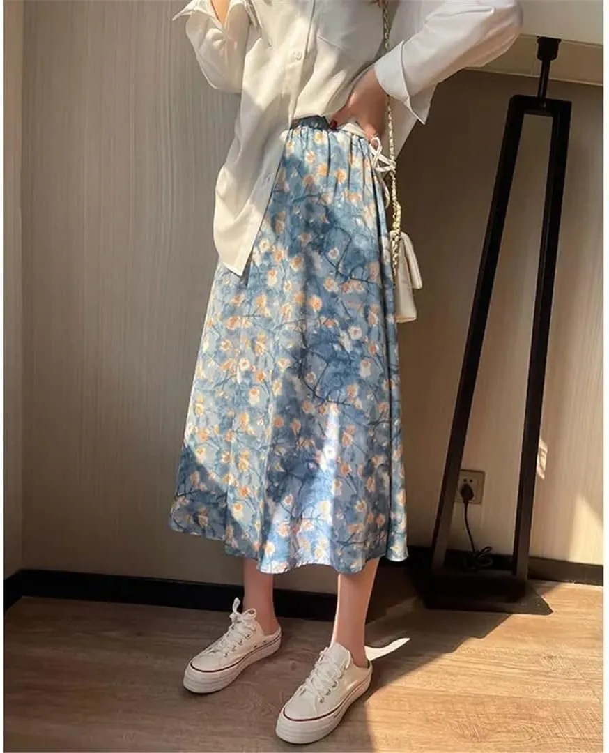 Summer Vintage Floral Print Women's Mid-Long Skirts Chiffon High Waist Loose Female Korean Fashion Skirt