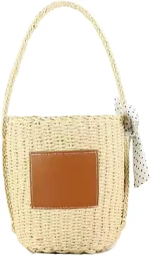 Summer Women Straw Bucket Handbag Bow Handcrafted Woven Tote PU Square Decoration Travel Vacation Beach Bag