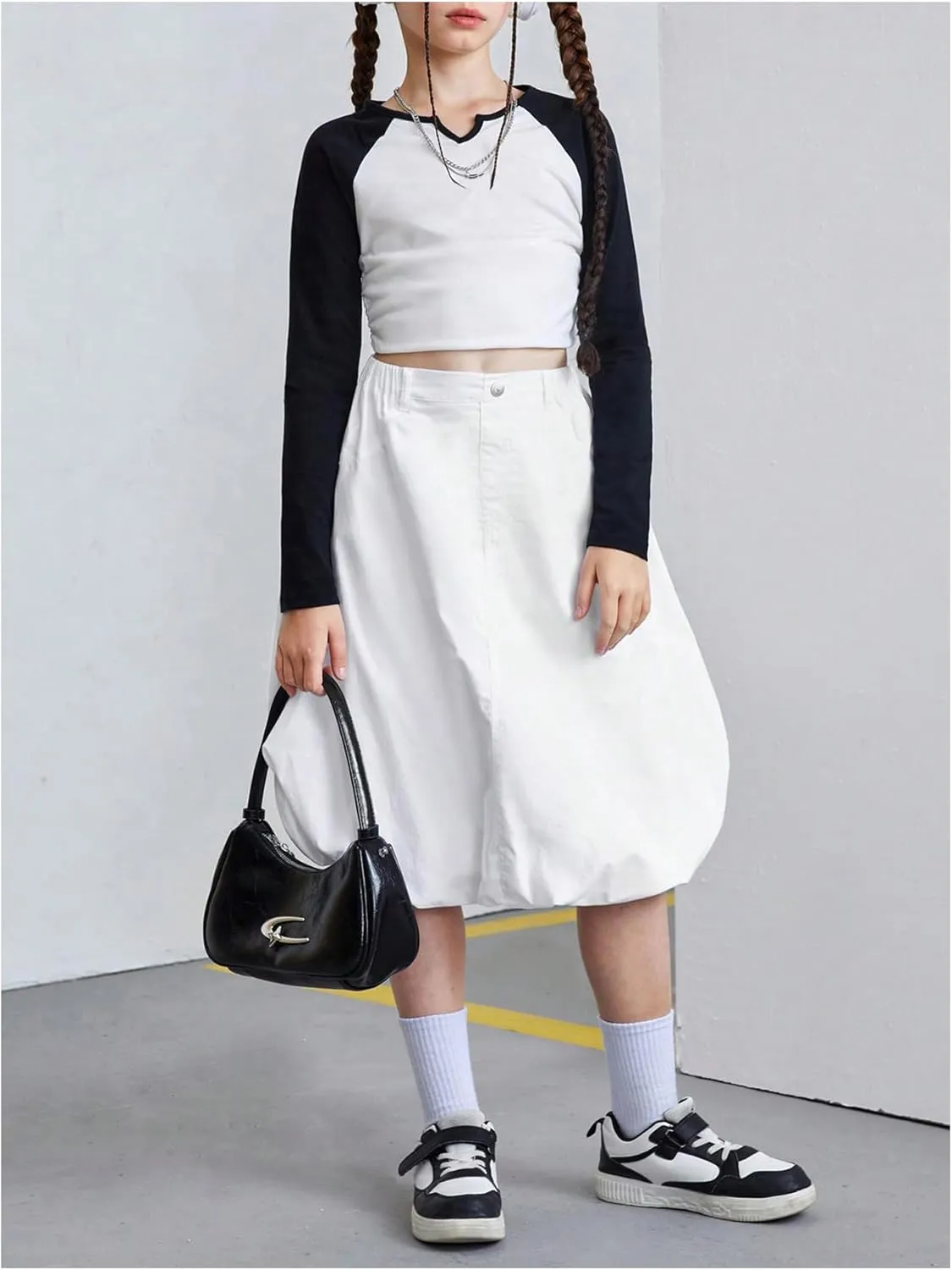 SweatyRocks Girl's A Line Midi Denim Skirts Elastic High Waisted Y2K Bubble Jean Skirts