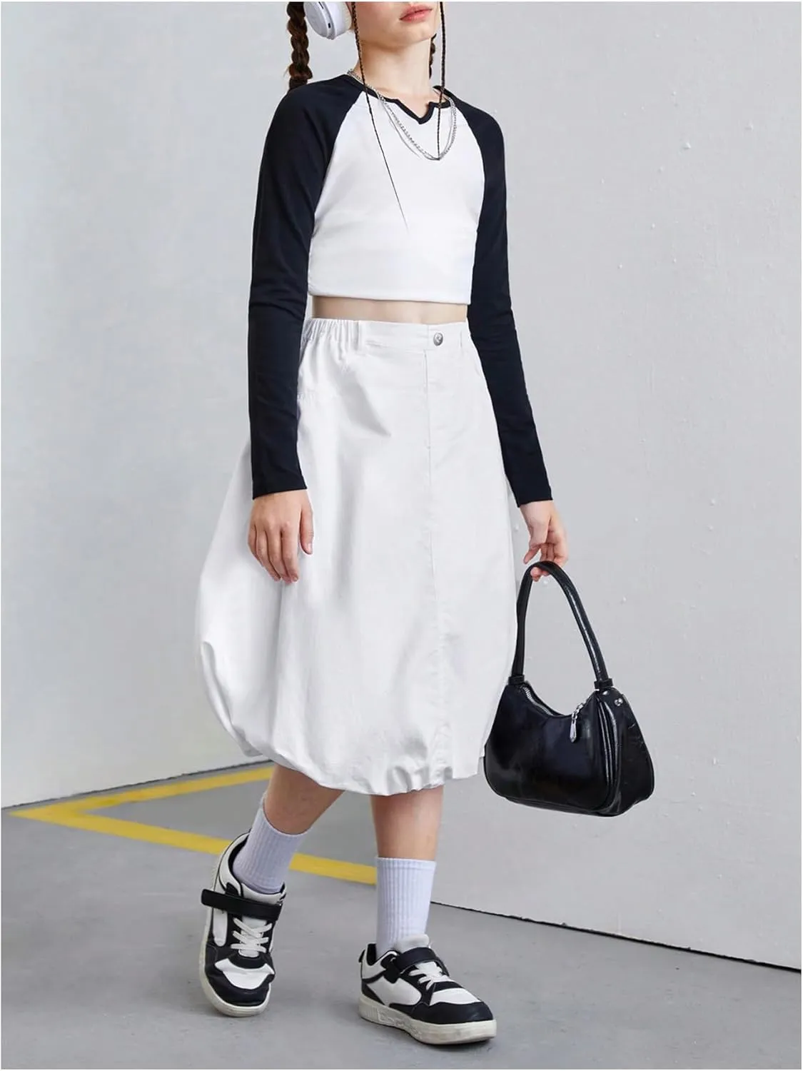SweatyRocks Girl's A Line Midi Denim Skirts Elastic High Waisted Y2K Bubble Jean Skirts