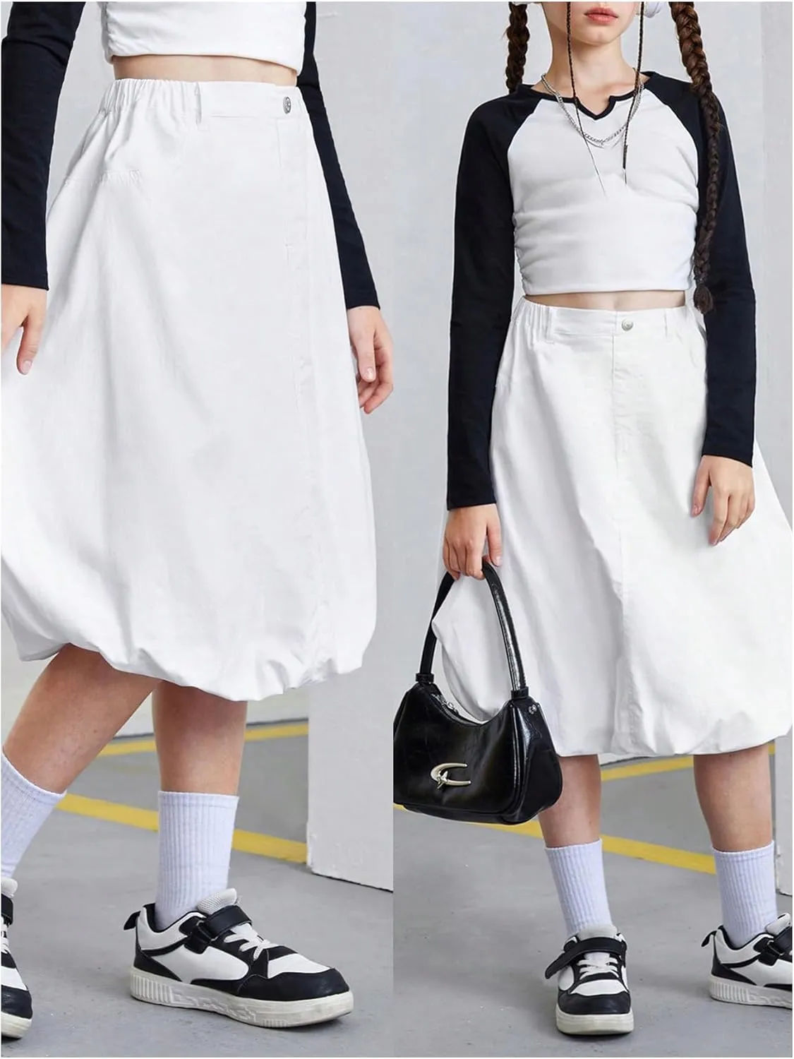 SweatyRocks Girl's A Line Midi Denim Skirts Elastic High Waisted Y2K Bubble Jean Skirts