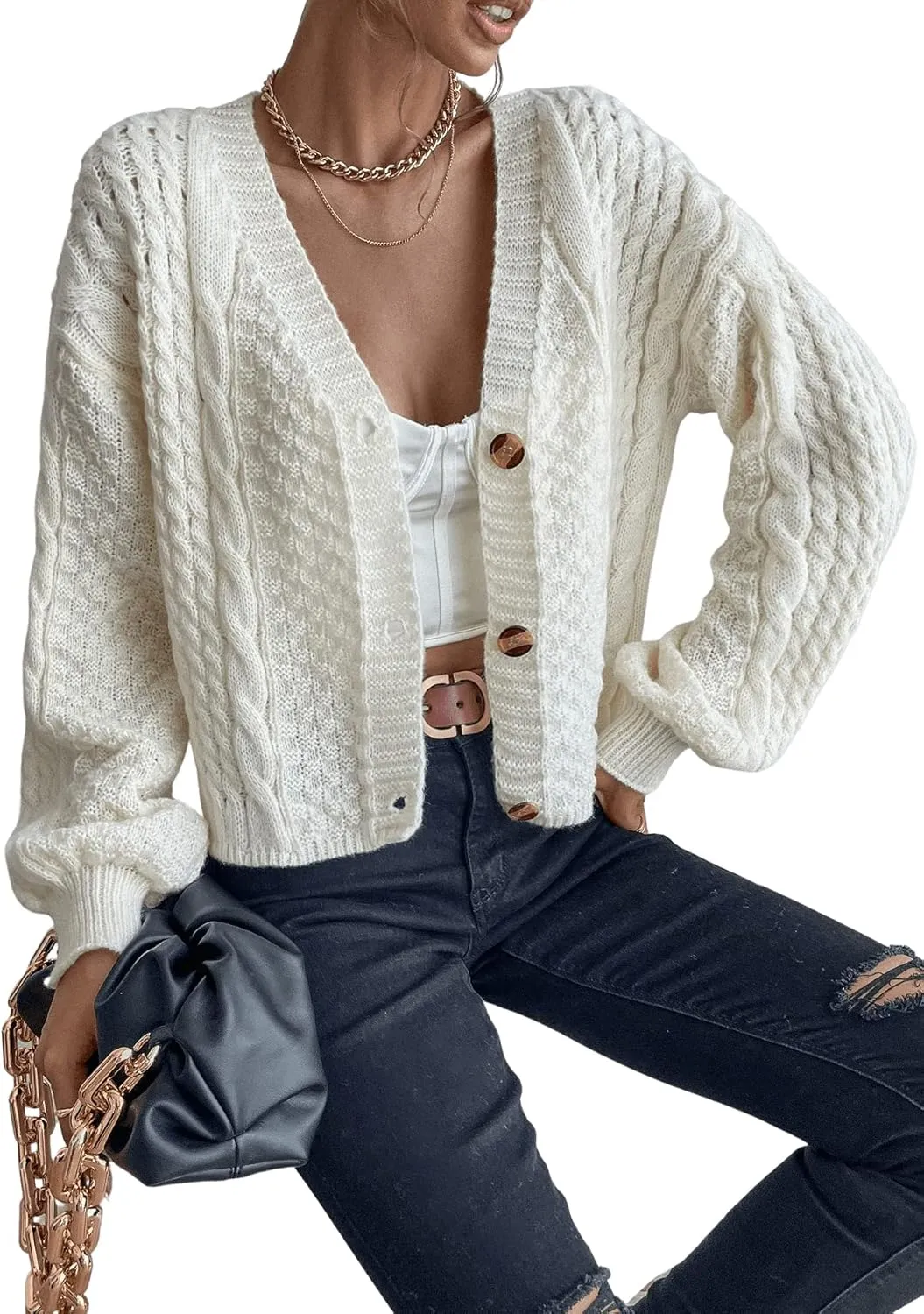 SweatyRocks Women's Cable Knit Long Sleeve V Neck Cardigan Drop Shoulder Button Front Sweater