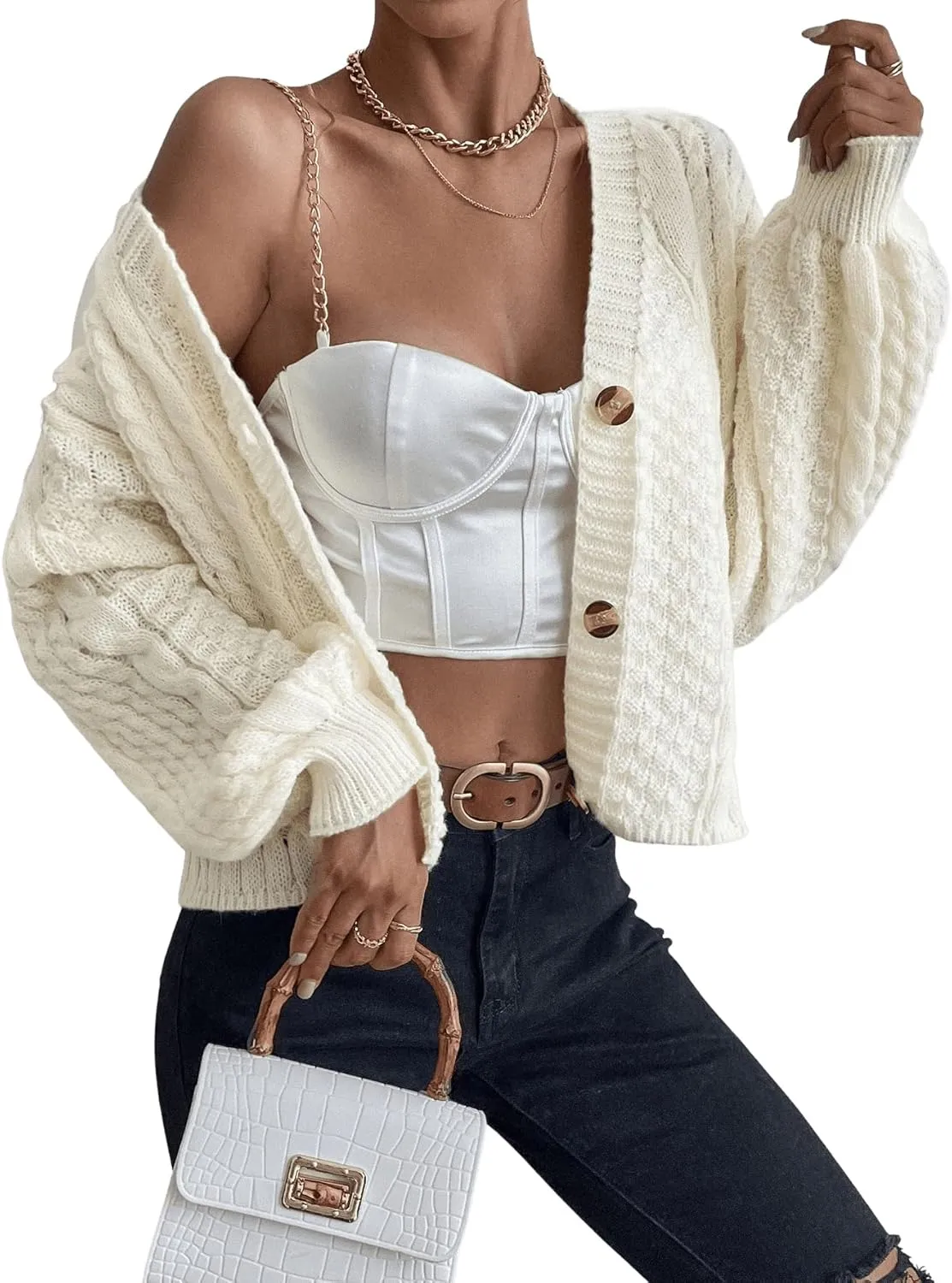 SweatyRocks Women's Cable Knit Long Sleeve V Neck Cardigan Drop Shoulder Button Front Sweater