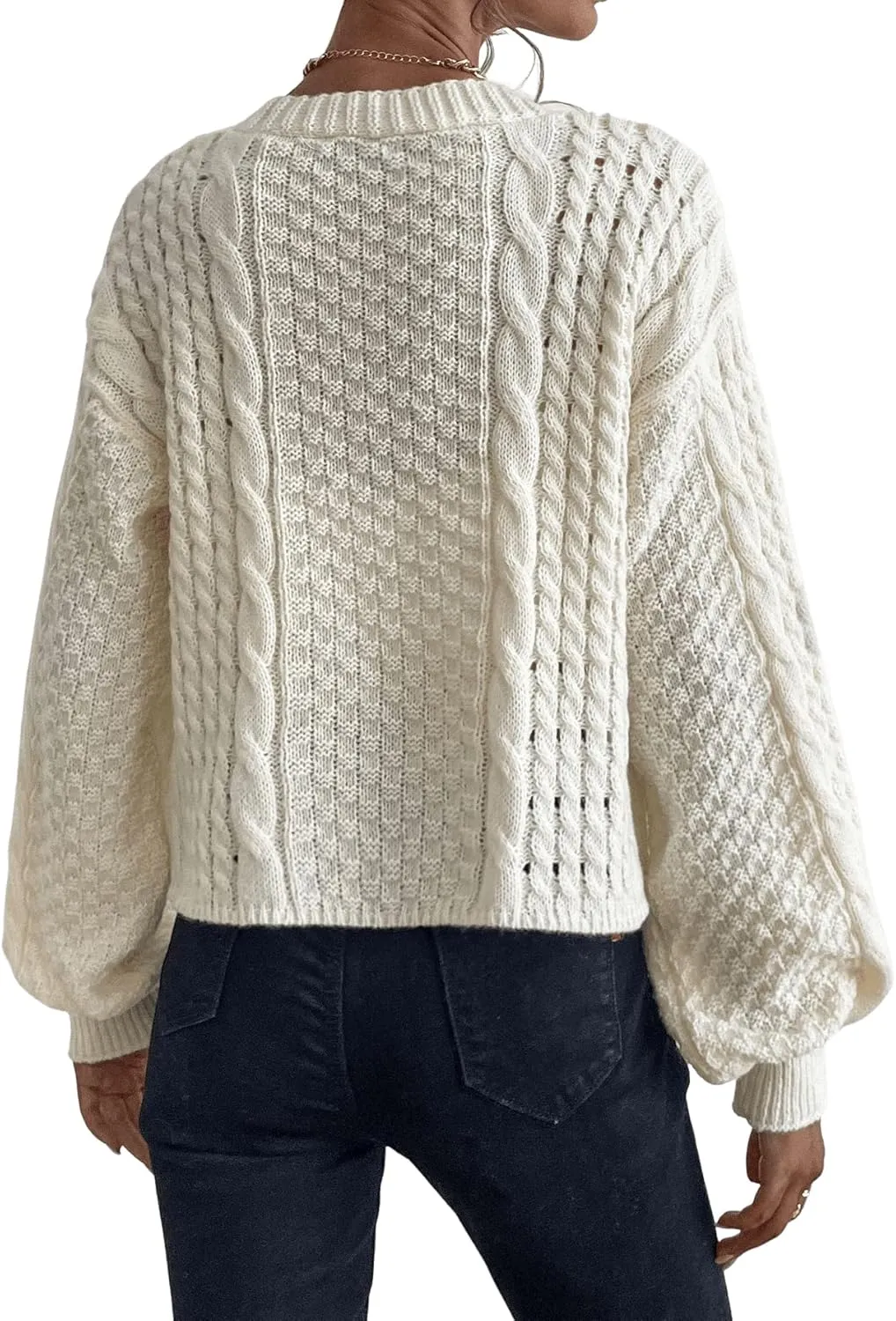 SweatyRocks Women's Cable Knit Long Sleeve V Neck Cardigan Drop Shoulder Button Front Sweater