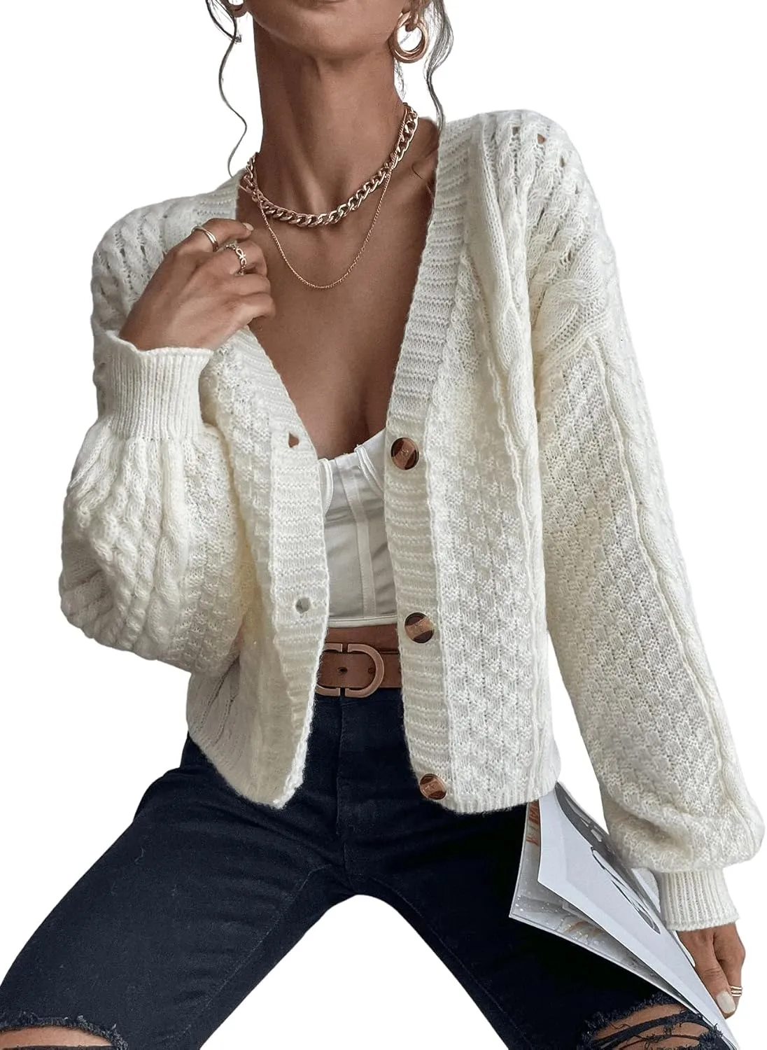 SweatyRocks Women's Cable Knit Long Sleeve V Neck Cardigan Drop Shoulder Button Front Sweater