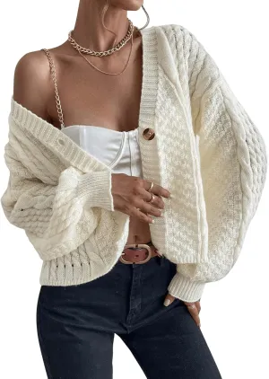 SweatyRocks Women's Cable Knit Long Sleeve V Neck Cardigan Drop Shoulder Button Front Sweater