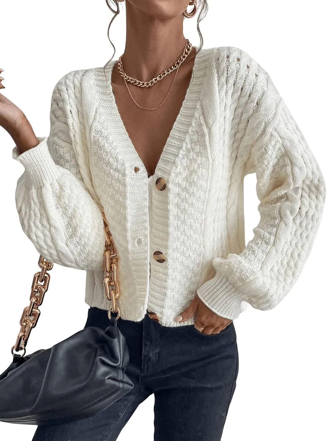 SweatyRocks Women's Cable Knit Long Sleeve V Neck Cardigan Drop Shoulder Button Front Sweater