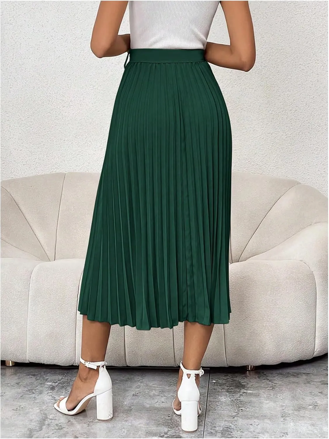SweatyRocks Women's High Waist A Line Pleated Ruffle Casual Boho Midi Swing Skirt with Belt