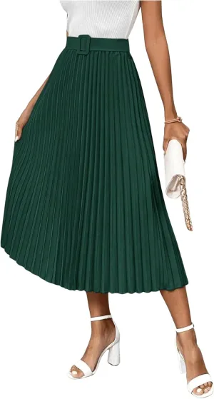 SweatyRocks Women's High Waist A Line Pleated Ruffle Casual Boho Midi Swing Skirt with Belt