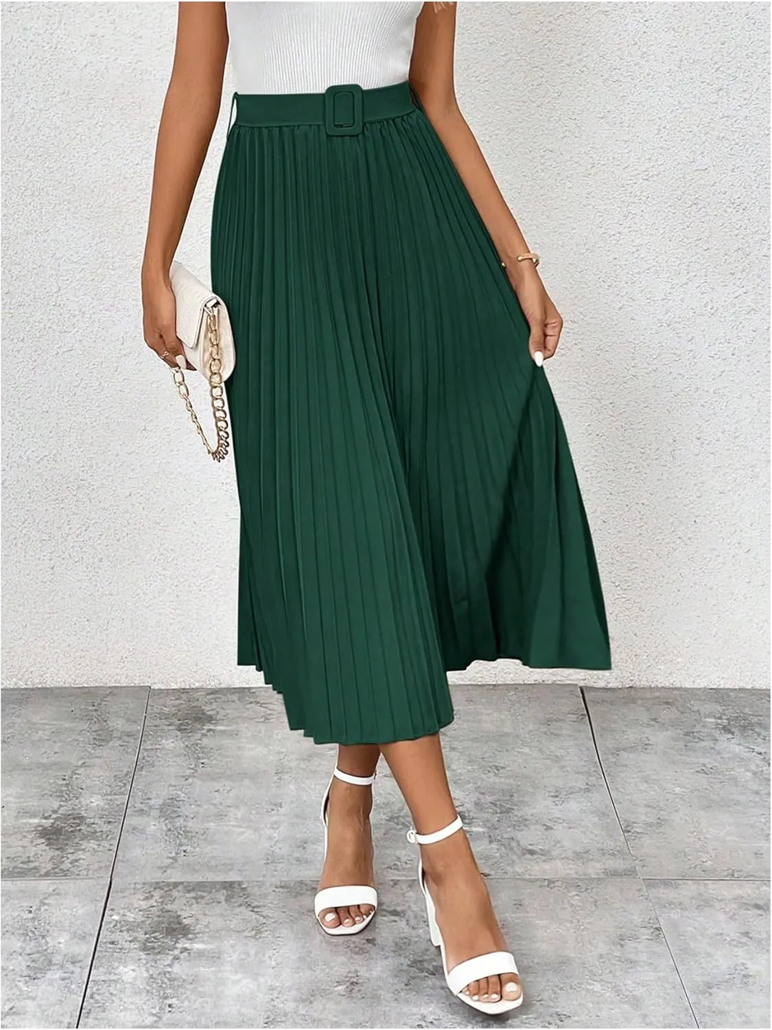 SweatyRocks Women's High Waist A Line Pleated Ruffle Casual Boho Midi Swing Skirt with Belt