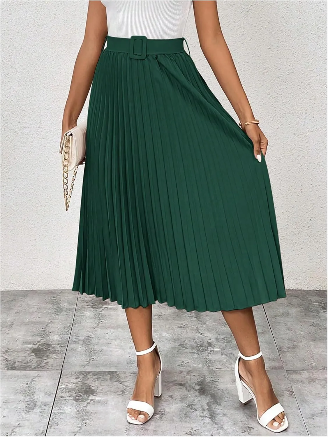 SweatyRocks Women's High Waist A Line Pleated Ruffle Casual Boho Midi Swing Skirt with Belt