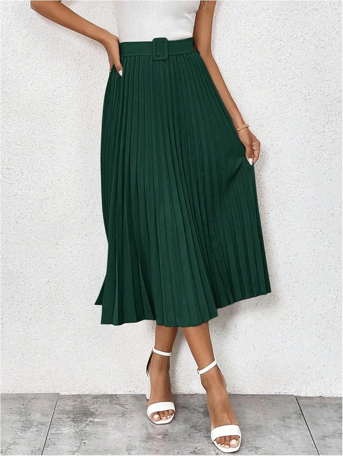 SweatyRocks Women's High Waist A Line Pleated Ruffle Casual Boho Midi Swing Skirt with Belt