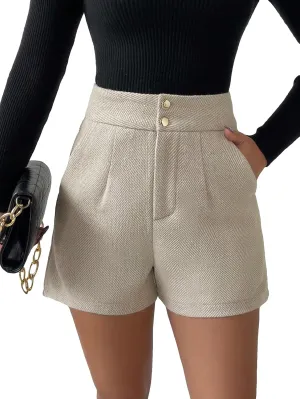 SweatyRocks Women's Straight Leg High Waist Tweed Shorts Button Front Short Pants with Pockets