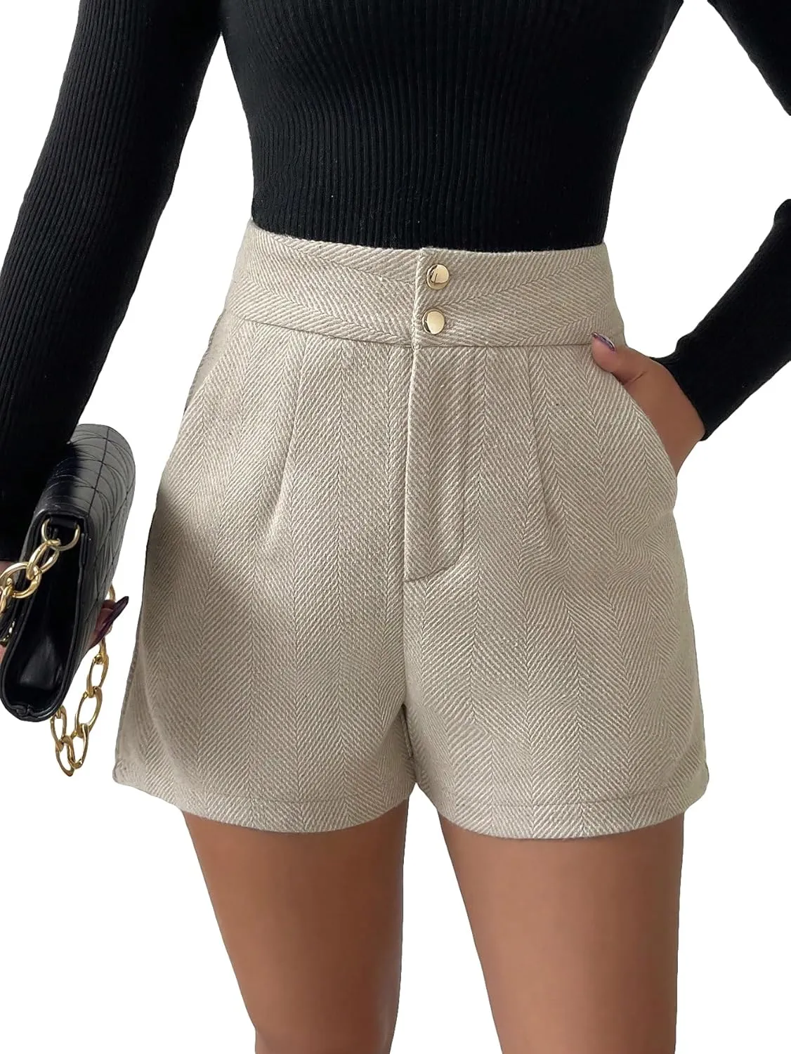 SweatyRocks Women's Straight Leg High Waist Tweed Shorts Button Front Short Pants with Pockets