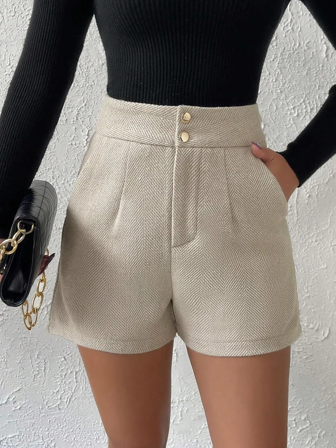 SweatyRocks Women's Straight Leg High Waist Tweed Shorts Button Front Short Pants with Pockets