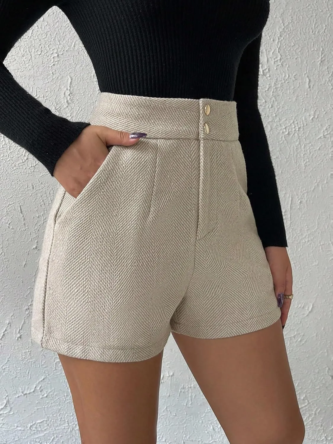 SweatyRocks Women's Straight Leg High Waist Tweed Shorts Button Front Short Pants with Pockets