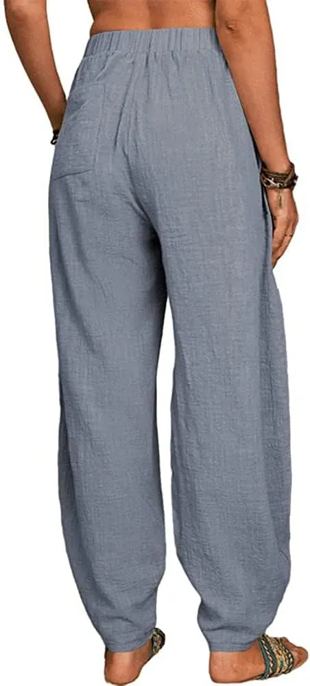 sysinside Women's Cotton Linen Harem Pants High Waist Solid Color Long Trousers with Pocket