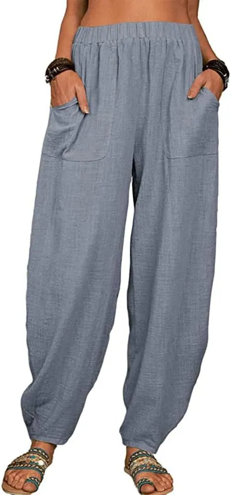 sysinside Women's Cotton Linen Harem Pants High Waist Solid Color Long Trousers with Pocket
