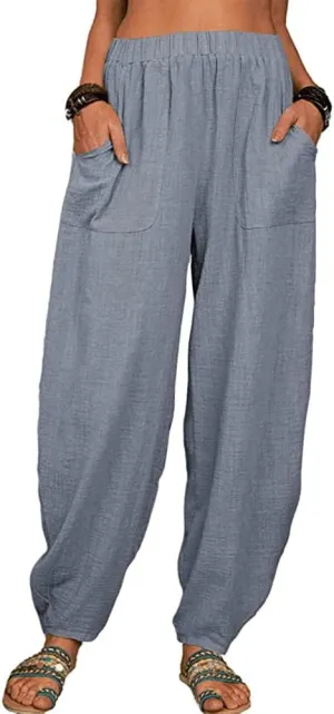 sysinside Women's Cotton Linen Harem Pants High Waist Solid Color Long Trousers with Pocket