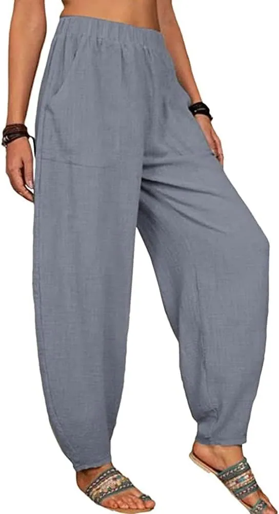 sysinside Women's Cotton Linen Harem Pants High Waist Solid Color Long Trousers with Pocket