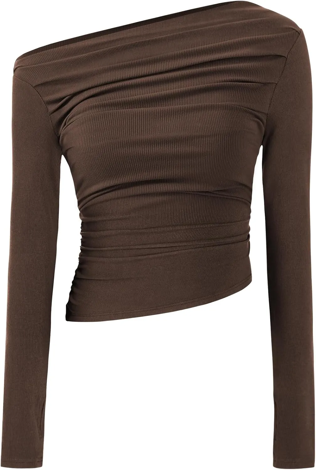 TARSE Women's Long Sleeve Off Shoulder Tops Sexy Going Out Slim Fit Knit Asymmetrical Ruched Shirts Y2K Blouses Trendy Outfit