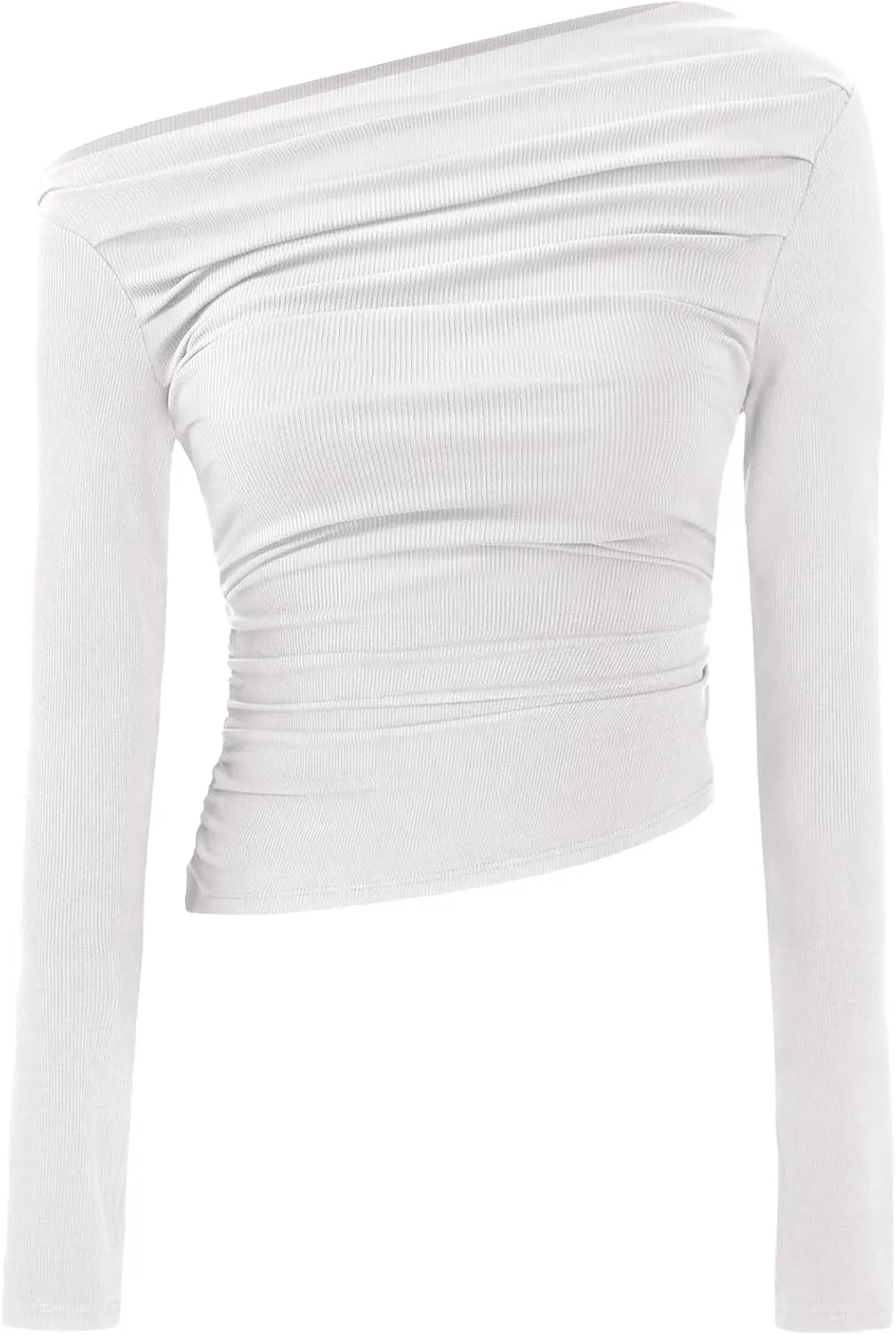 TARSE Women's Long Sleeve Off Shoulder Tops Sexy Going Out Slim Fit Knit Asymmetrical Ruched Shirts Y2K Blouses Trendy Outfit