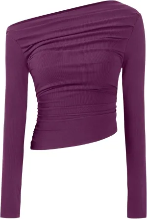 TARSE Women's Long Sleeve Off Shoulder Tops Sexy Going Out Slim Fit Knit Asymmetrical Ruched Shirts Y2K Blouses Trendy Outfit