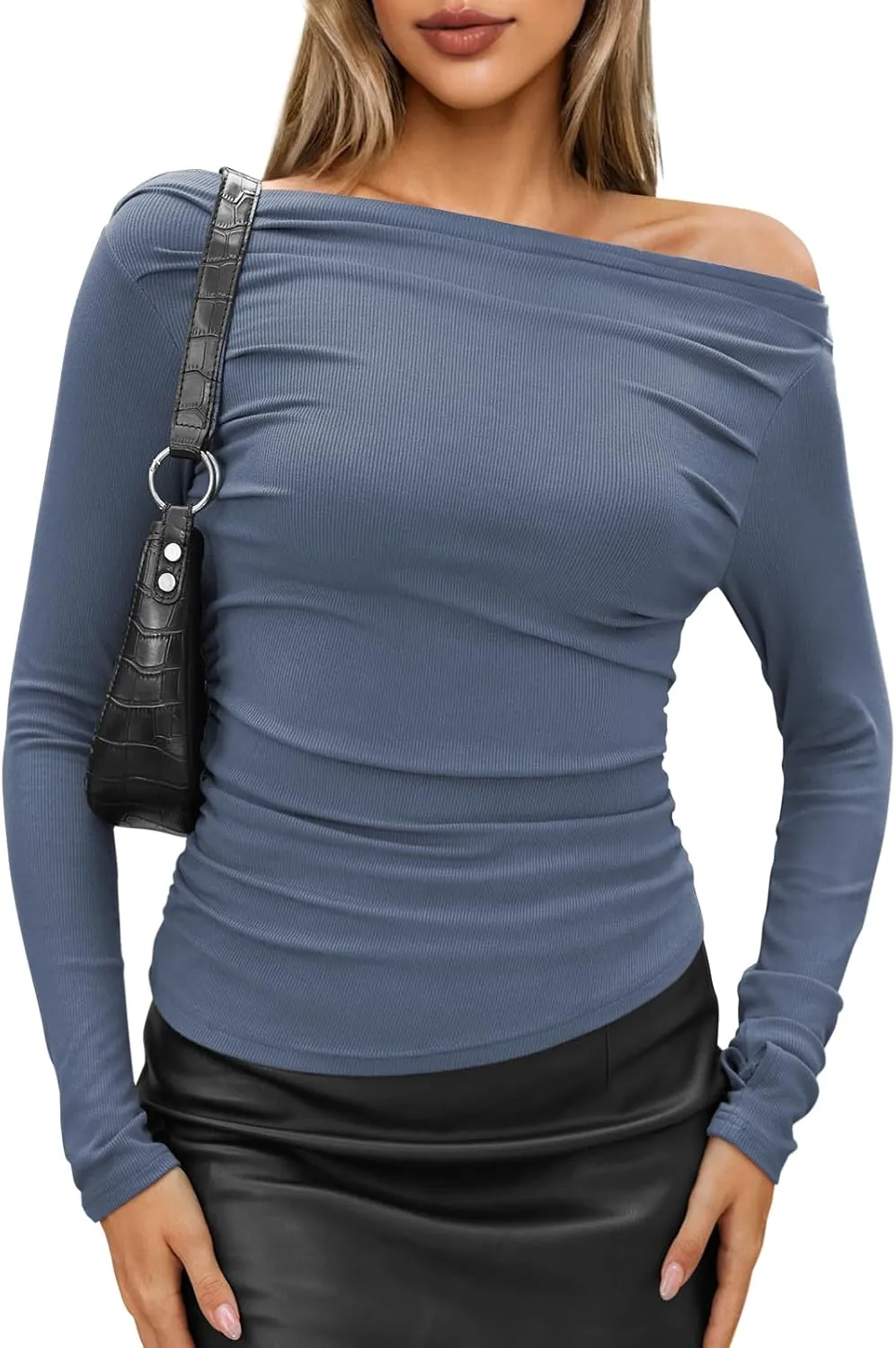 TARSE Women's Long Sleeve Off Shoulder Tops Sexy Going Out Slim Fit Knit Asymmetrical Ruched Shirts Y2K Blouses Trendy Outfit
