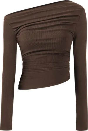 TARSE Women's Long Sleeve Off Shoulder Tops Sexy Going Out Slim Fit Knit Asymmetrical Ruched Shirts Y2K Blouses Trendy Outfit
