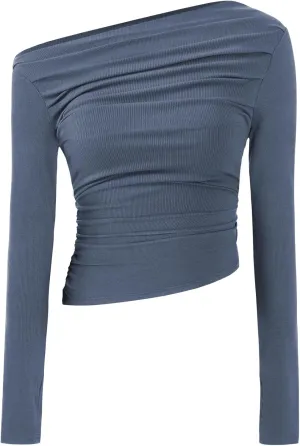 TARSE Women's Long Sleeve Off Shoulder Tops Sexy Going Out Slim Fit Knit Asymmetrical Ruched Shirts Y2K Blouses Trendy Outfit