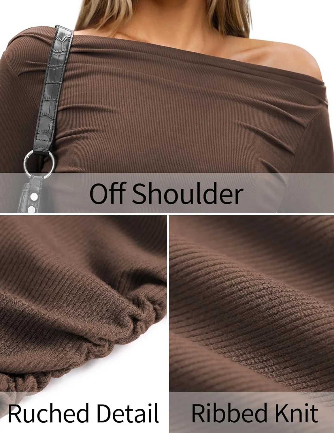 TARSE Women's Long Sleeve Off Shoulder Tops Sexy Going Out Slim Fit Knit Asymmetrical Ruched Shirts Y2K Blouses Trendy Outfit