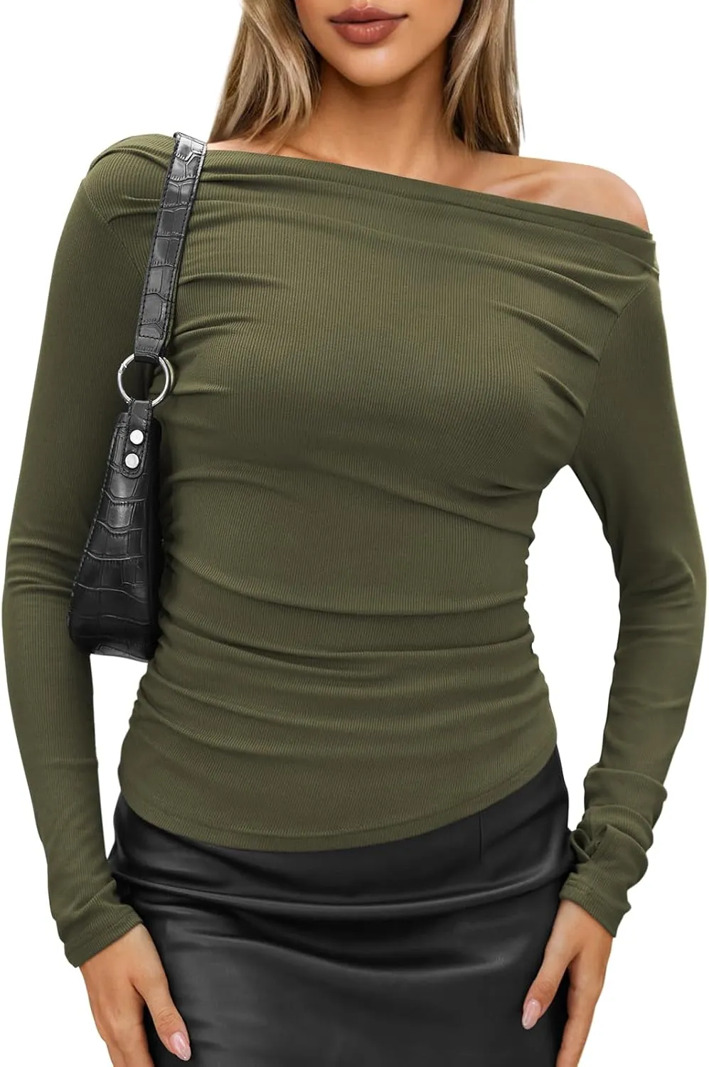 TARSE Women's Long Sleeve Off Shoulder Tops Sexy Going Out Slim Fit Knit Asymmetrical Ruched Shirts Y2K Blouses Trendy Outfit