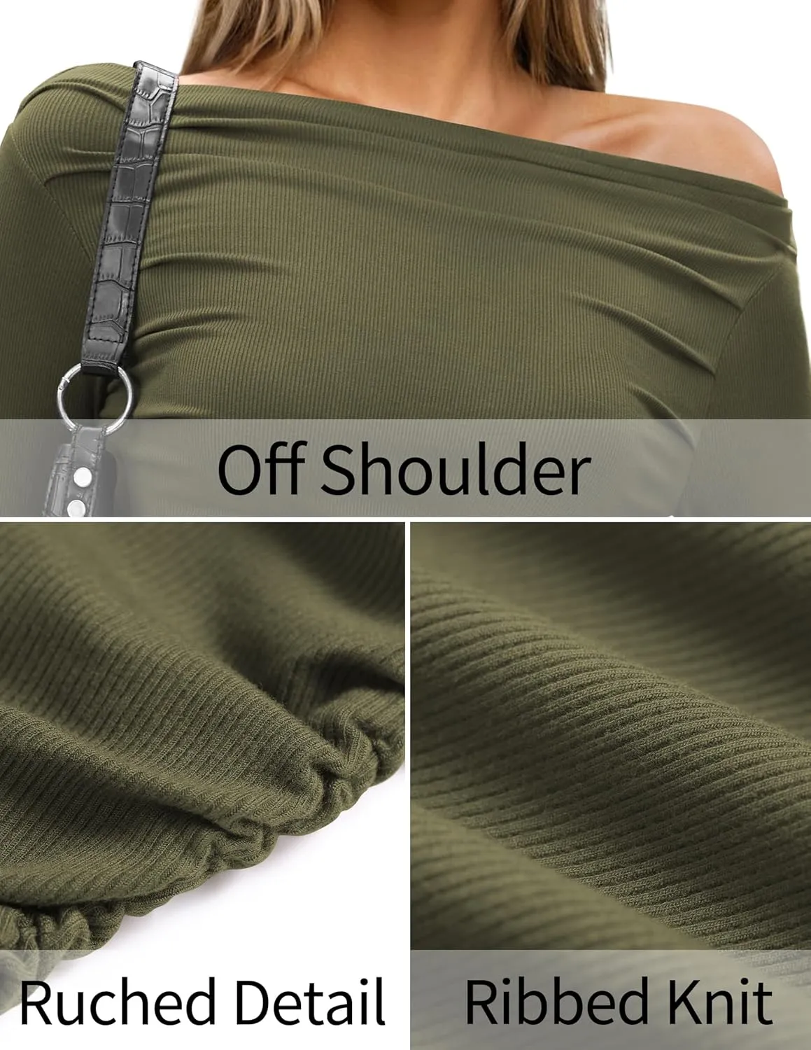 TARSE Women's Long Sleeve Off Shoulder Tops Sexy Going Out Slim Fit Knit Asymmetrical Ruched Shirts Y2K Blouses Trendy Outfit