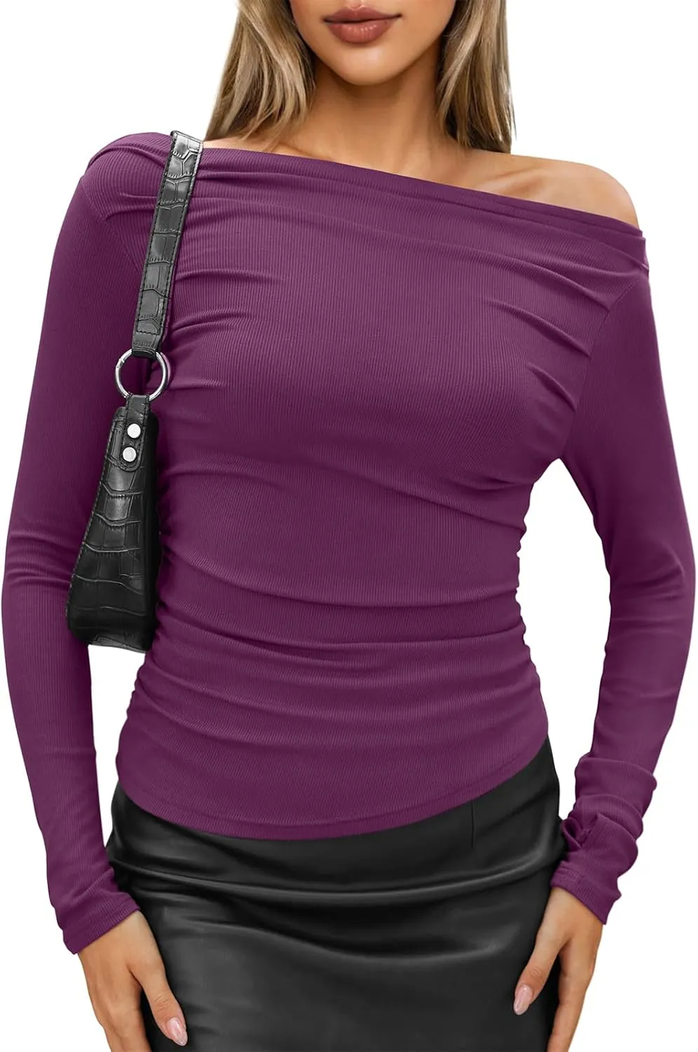 TARSE Women's Long Sleeve Off Shoulder Tops Sexy Going Out Slim Fit Knit Asymmetrical Ruched Shirts Y2K Blouses Trendy Outfit