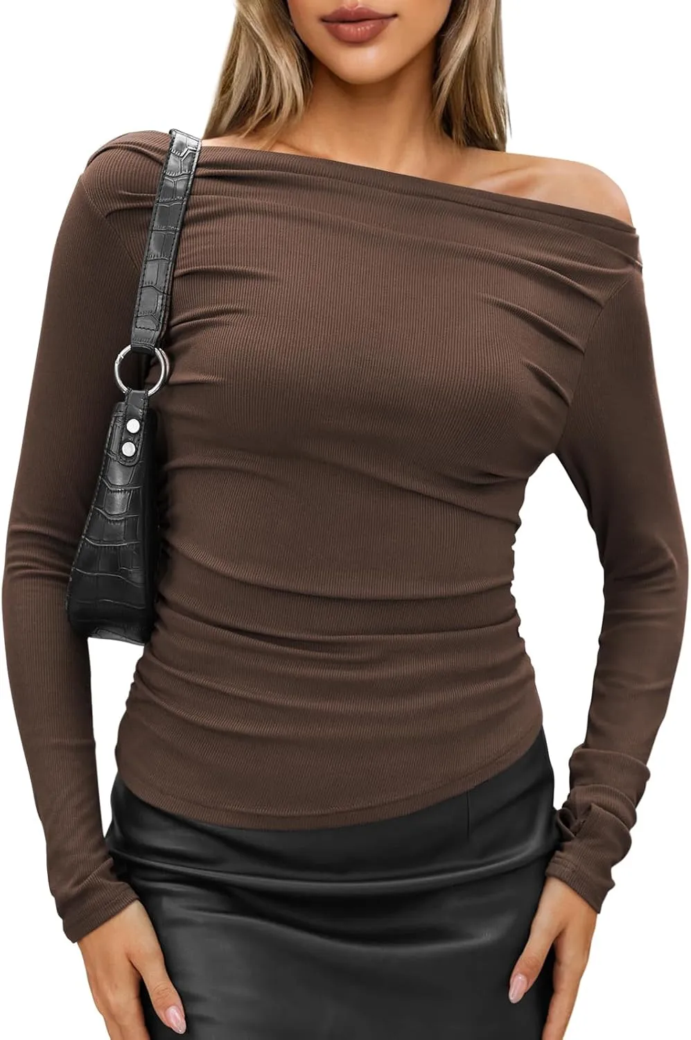 TARSE Women's Long Sleeve Off Shoulder Tops Sexy Going Out Slim Fit Knit Asymmetrical Ruched Shirts Y2K Blouses Trendy Outfit