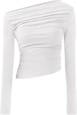 TARSE Women's Long Sleeve Off Shoulder Tops Sexy Going Out Slim Fit Knit Asymmetrical Ruched Shirts Y2K Blouses Trendy Outfit