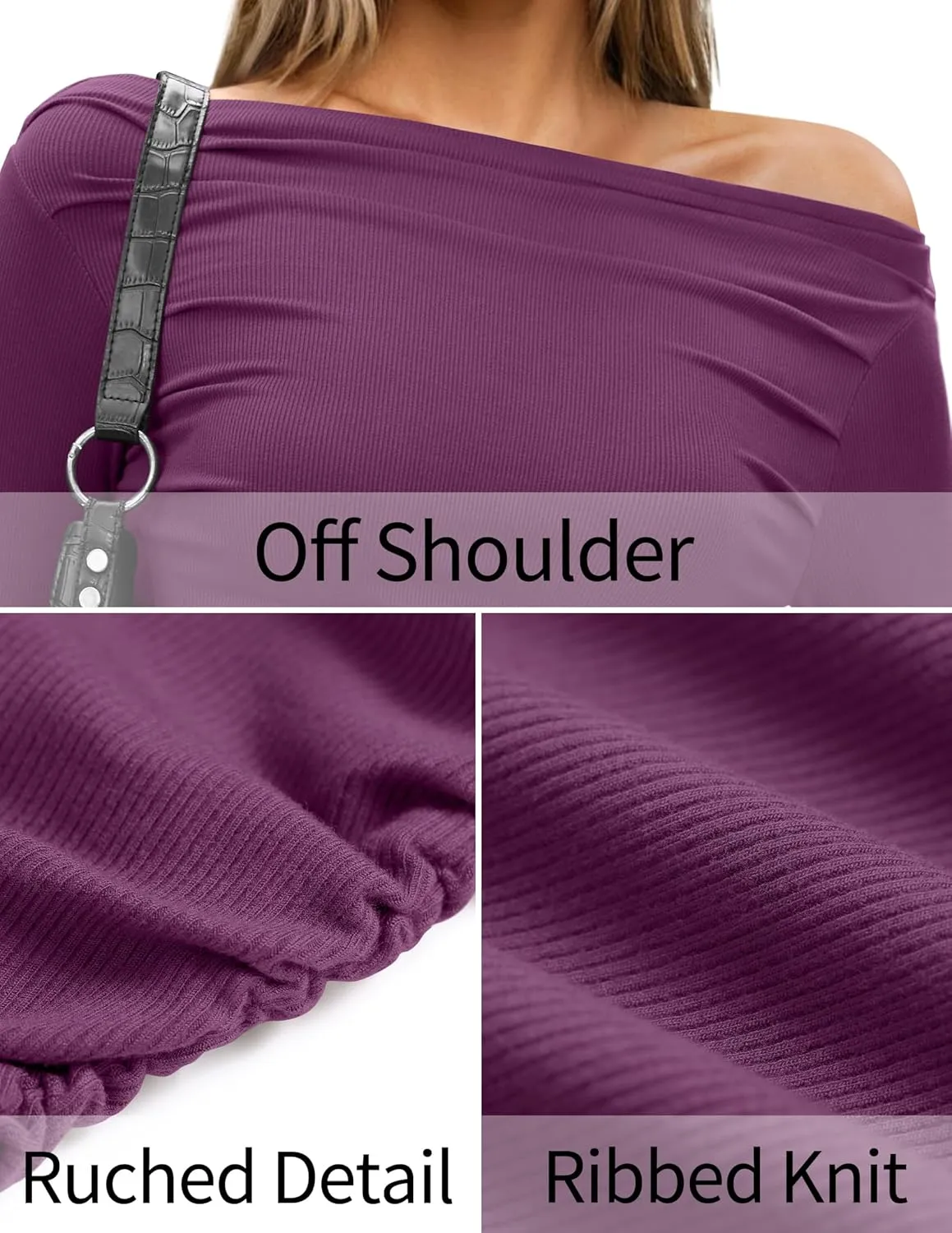 TARSE Women's Long Sleeve Off Shoulder Tops Sexy Going Out Slim Fit Knit Asymmetrical Ruched Shirts Y2K Blouses Trendy Outfit
