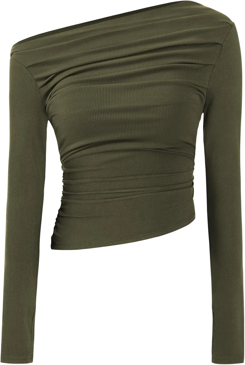TARSE Women's Long Sleeve Off Shoulder Tops Sexy Going Out Slim Fit Knit Asymmetrical Ruched Shirts Y2K Blouses Trendy Outfit