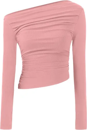 TARSE Women's Long Sleeve Off Shoulder Tops Sexy Going Out Slim Fit Knit Asymmetrical Ruched Shirts Y2K Blouses Trendy Outfit