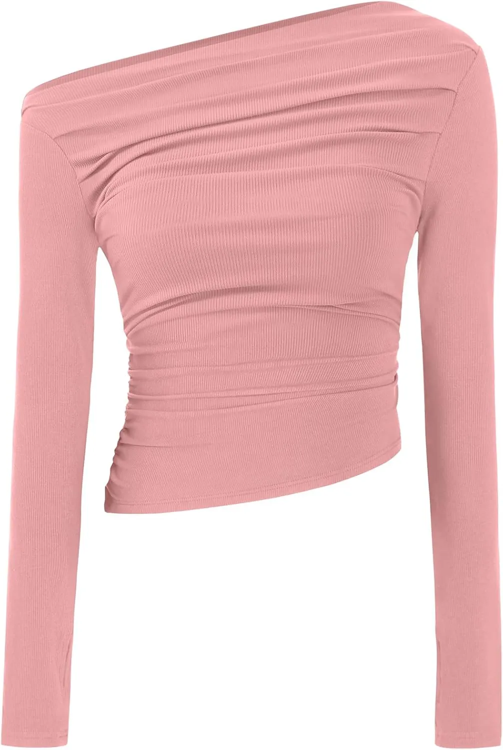 TARSE Women's Long Sleeve Off Shoulder Tops Sexy Going Out Slim Fit Knit Asymmetrical Ruched Shirts Y2K Blouses Trendy Outfit