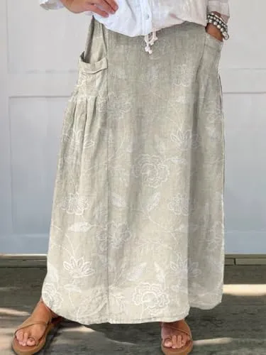 TIAFORD Women Flowy Floral Print Maxi Skirt Summer Casual Boho High Elastic Waist Loose Long Skirt with Pocket