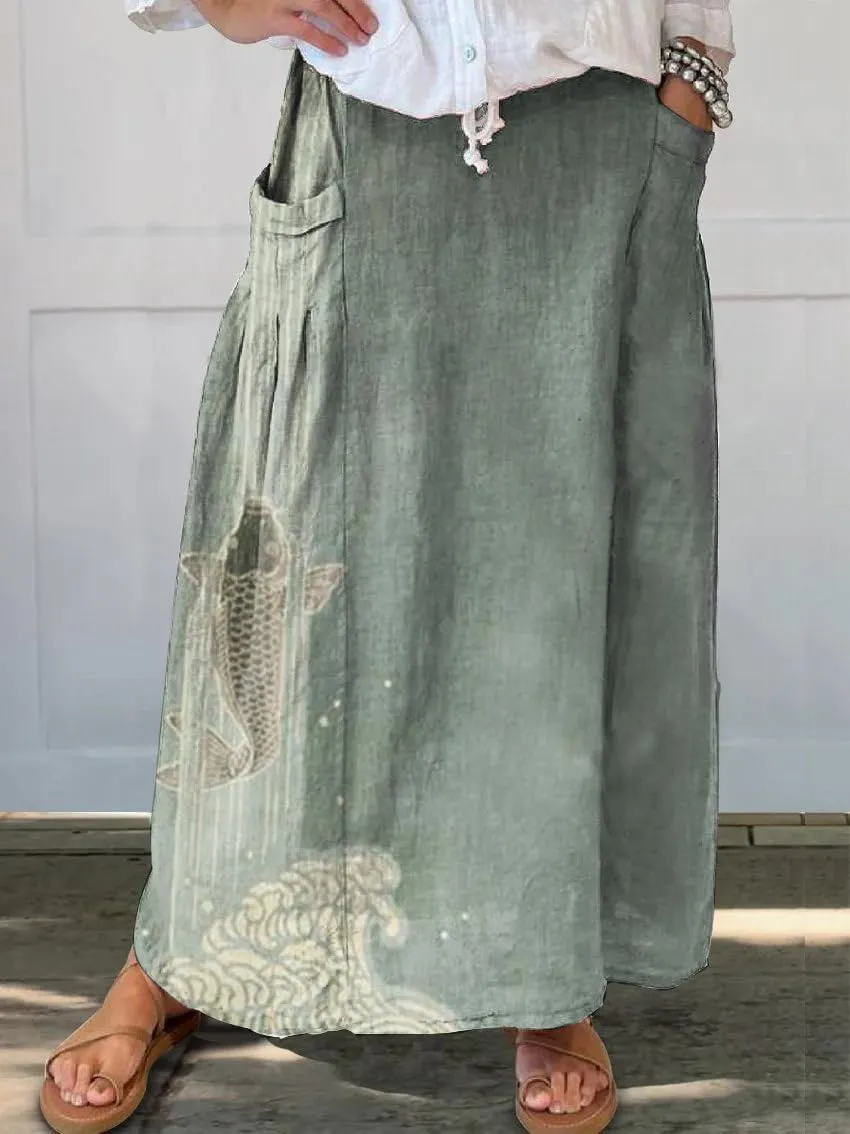 TIAFORD Women Flowy Floral Print Maxi Skirt Summer Casual Boho High Elastic Waist Loose Long Skirt with Pocket