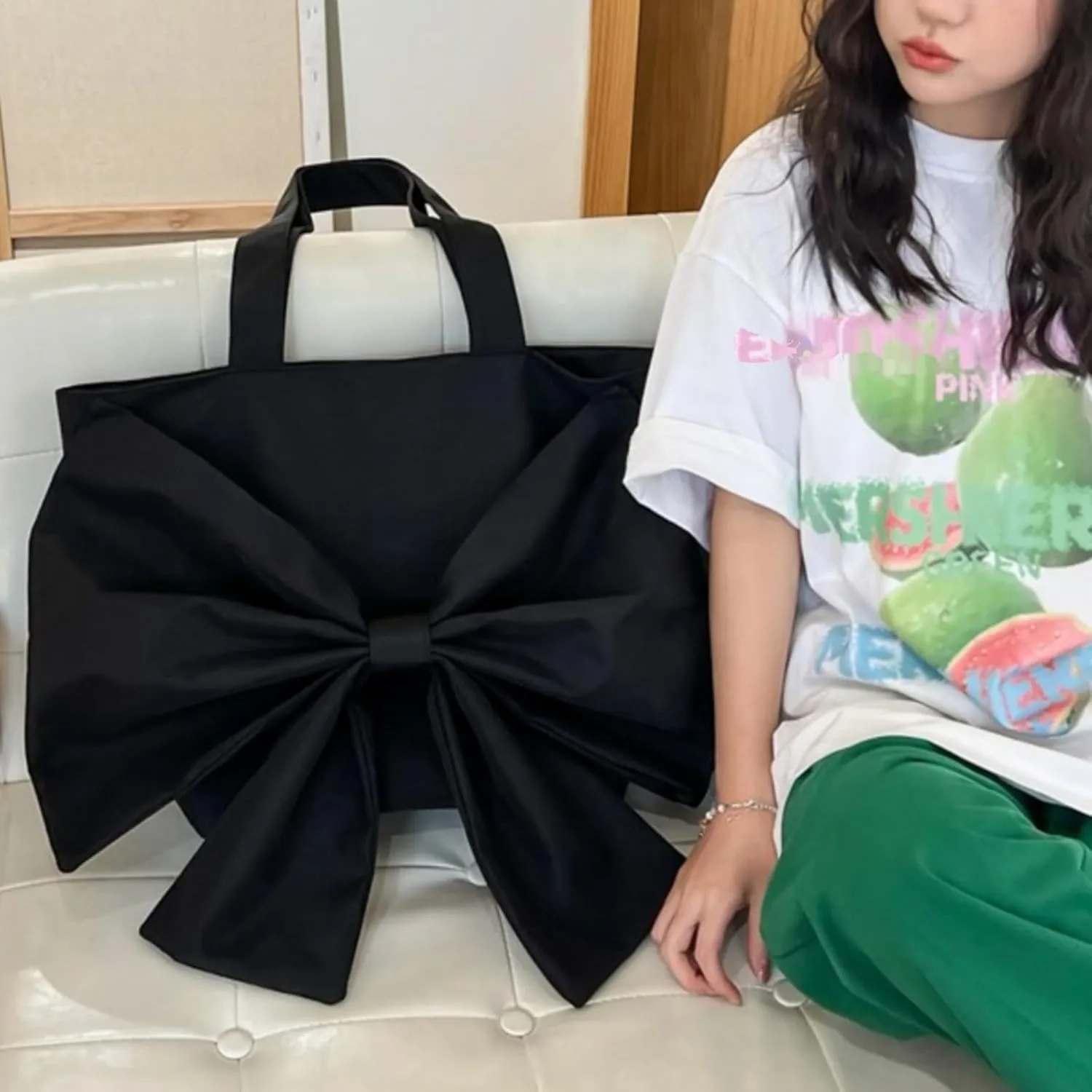 Trendy Bow Large Handbags Purses for Women Y2K Aesthetic Bow Knot Top Handle Bag Hobo Tote Bag,Black